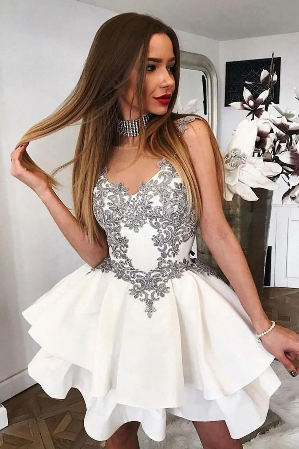A-line V Neck White Short Mini Homecoming Dress With Silver Applique