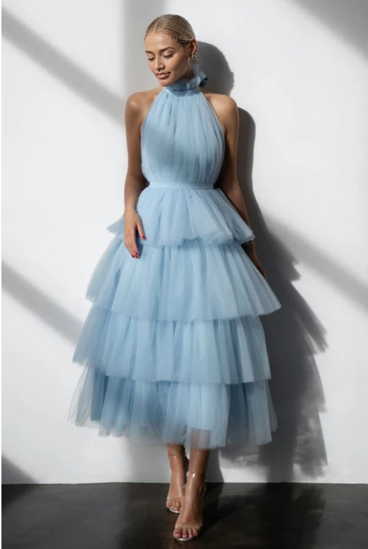 A-line Backless Multi Layer Sleeveless Ankle Length Prom Dress Party Dress