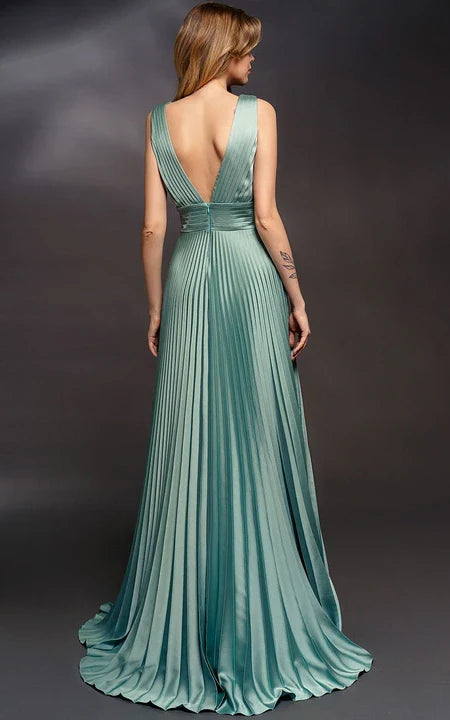 A-line Formal Pleated V-neck Sleeveless Dress with Low-v Back Floor Length Prom Dress/Dress For Formal