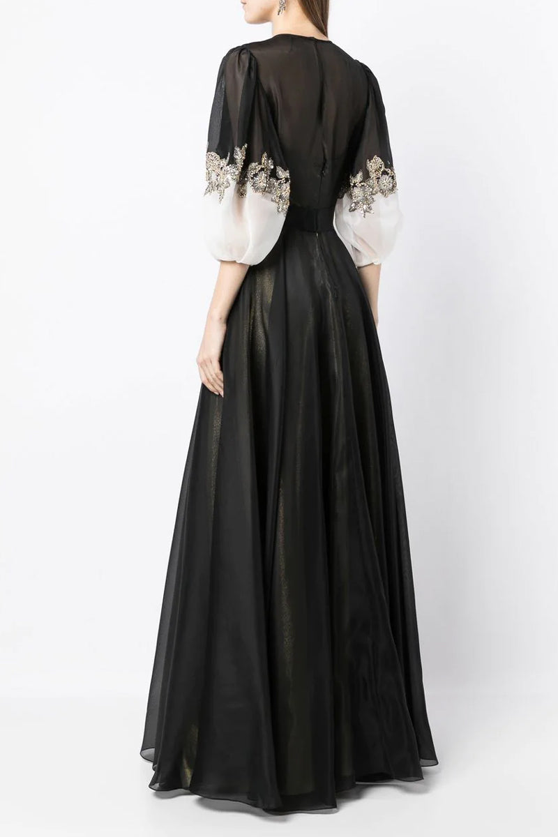 A-line Medium Sleeves Round Neck Tulle Prom Dress With Floor Length