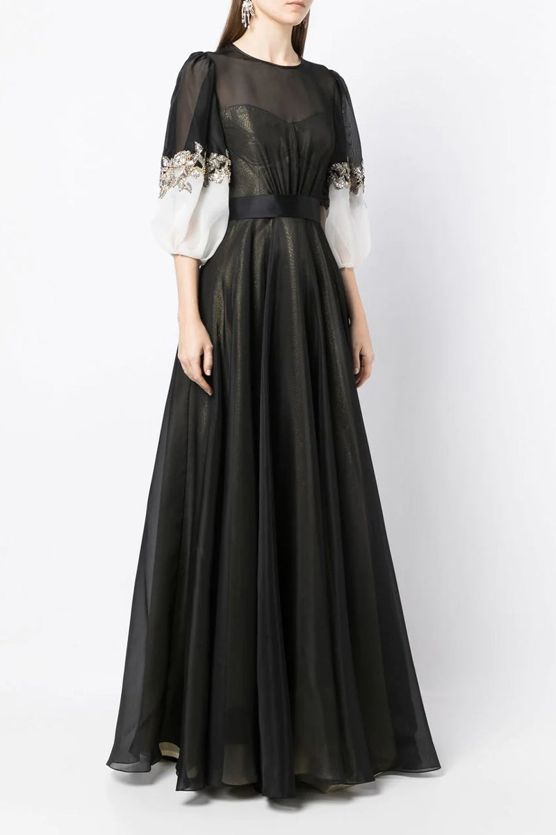 A-line Medium Sleeves Round Neck Tulle Prom Dress With Floor Length