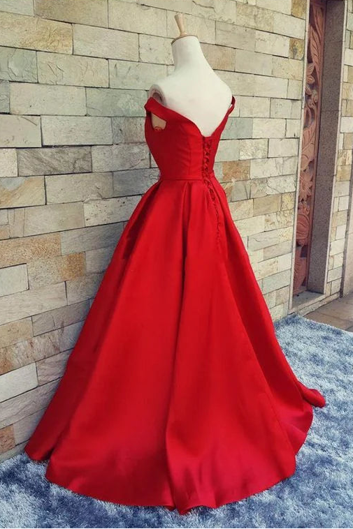 A-line Off-the-Shoulder Lace Up Back Satin Red Long Prom Dress