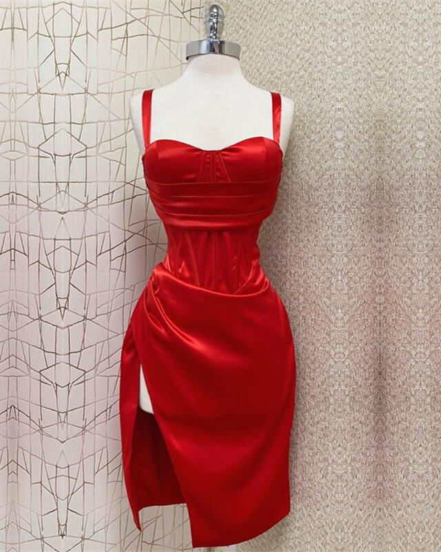 A-line Off Sleeves Red Sheath Homecoming Prom Dress With Slit