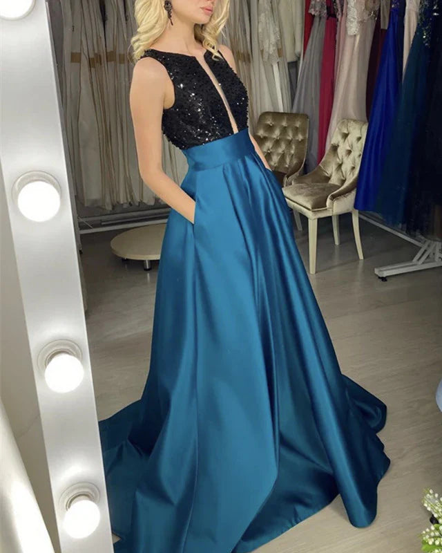 A-line Sleeveless Sequins Beaded Satin Prom Dresses With Pockets