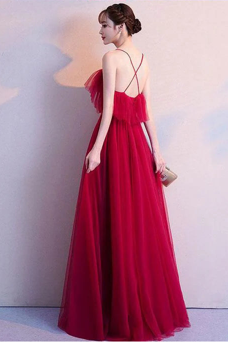 A-line Spaghetti Straps Tulle Burgundy Long Prom Dress Evening Dress