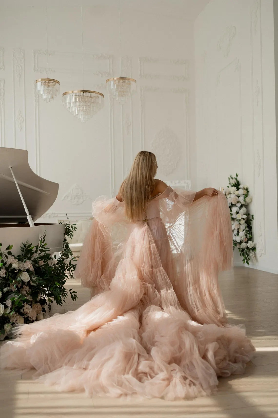 A-line Strapless Off-the-Shoulder Blush Tulle Engagement Wedding Dress Long Sleeves White Prom Party Dress