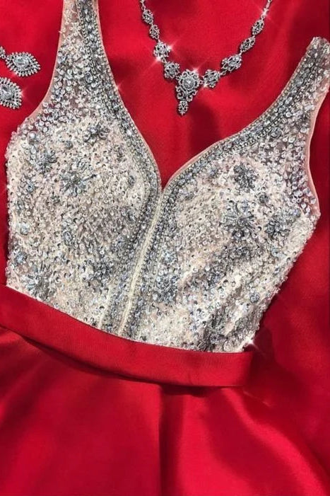 A-line V Neck Silver Sequin Top Satin Red Long Prom Dress With Pockets