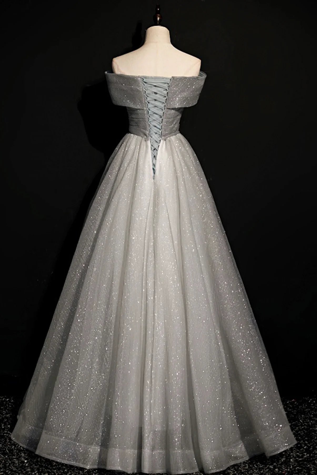 A Line Applique Sequins Tulle Gray Long Prom Dress Evening Dress