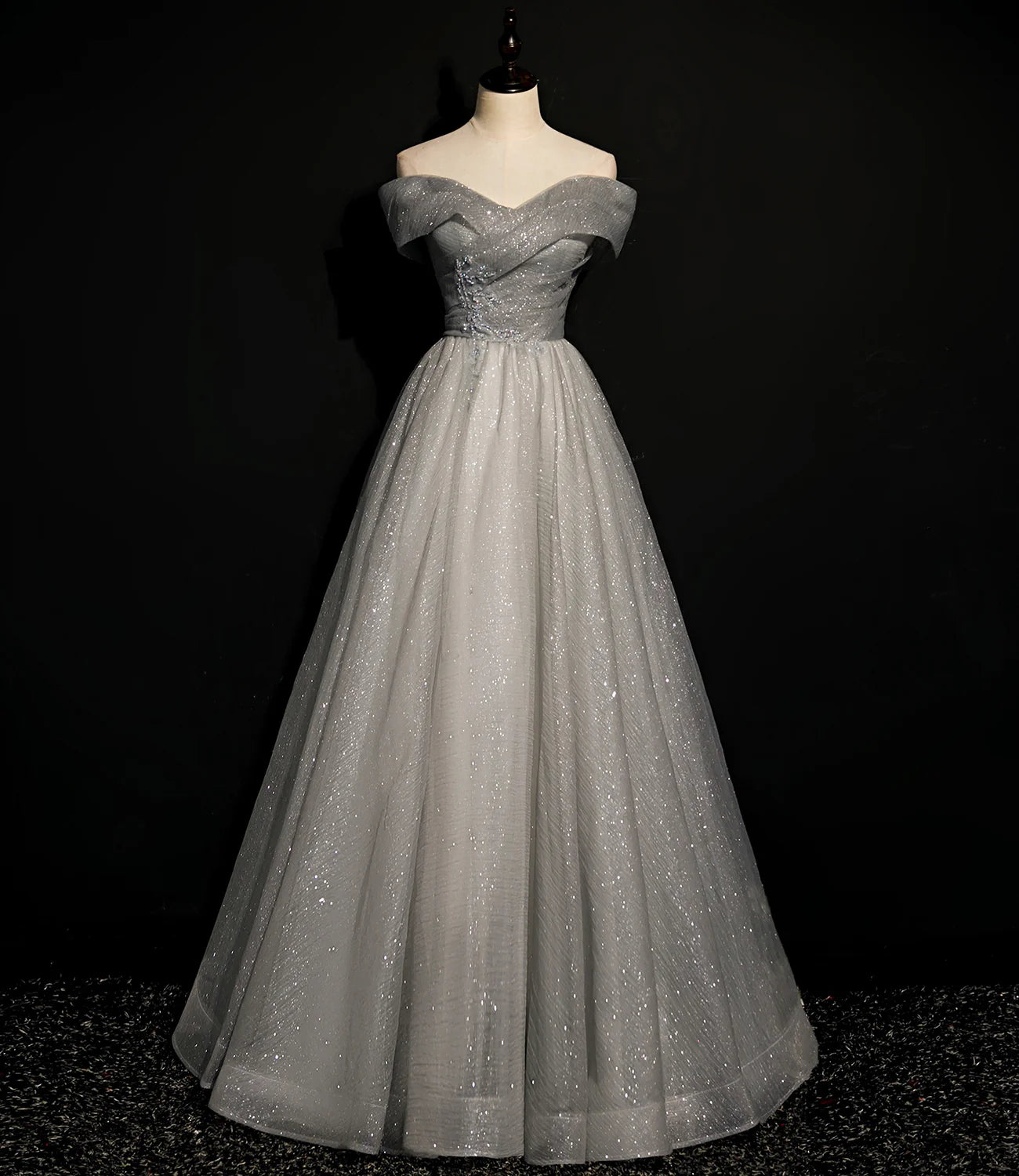 A Line Applique Sequins Tulle Gray Long Prom Dress Evening Dress