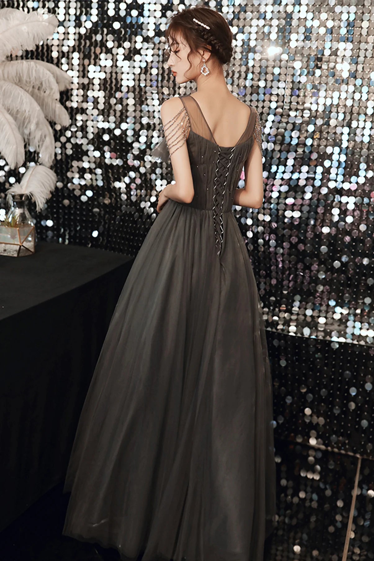 A Line Boat Neck Tassels Tulle Gray Long Prom Dress Evening Dress
