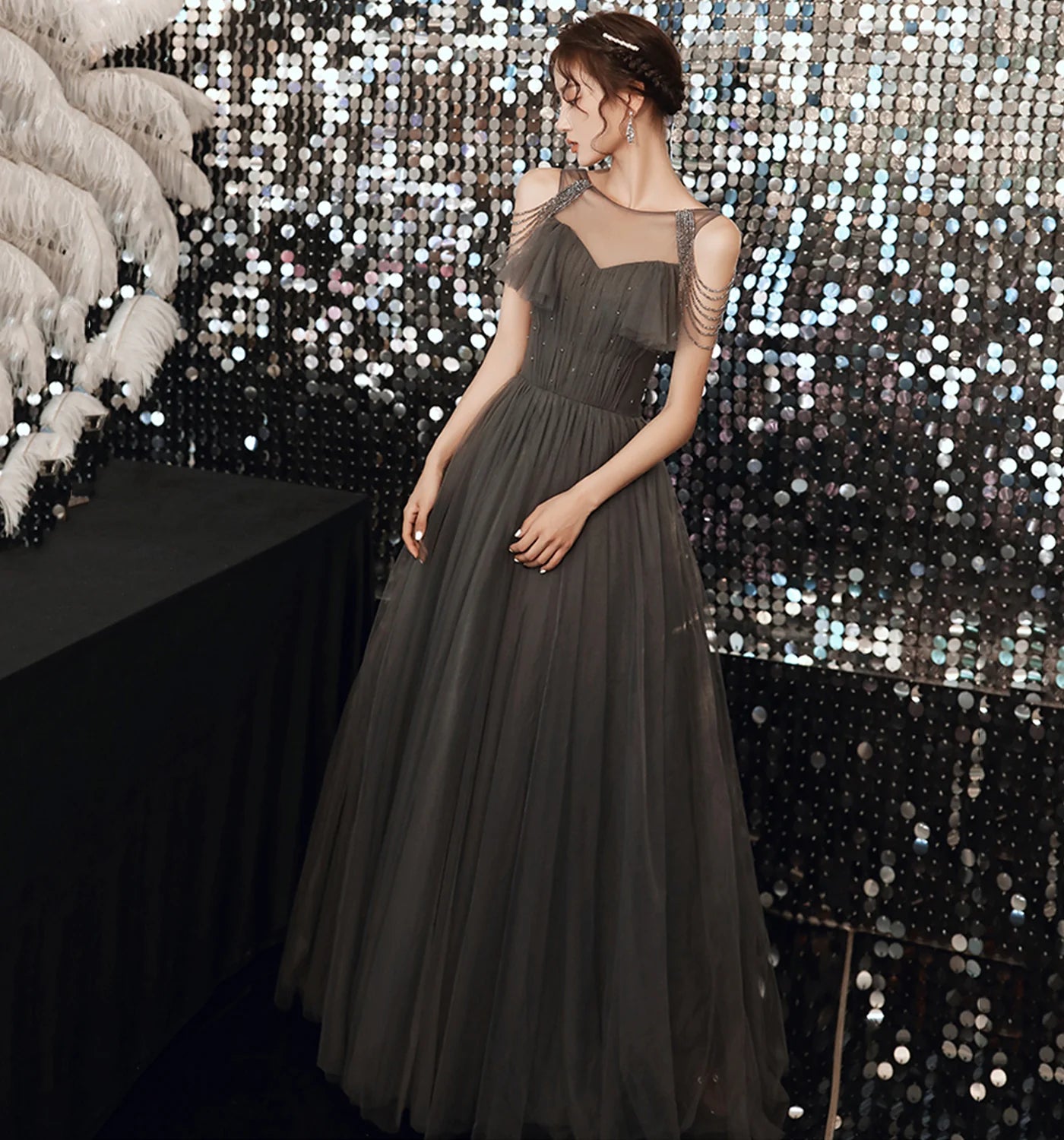A Line Boat Neck Tassels Tulle Gray Long Prom Dress Evening Dress