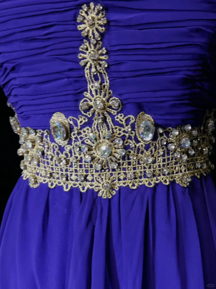 A Line Chiffon Royal Blue Long Prom Dress Evening Dress With Rhinestones