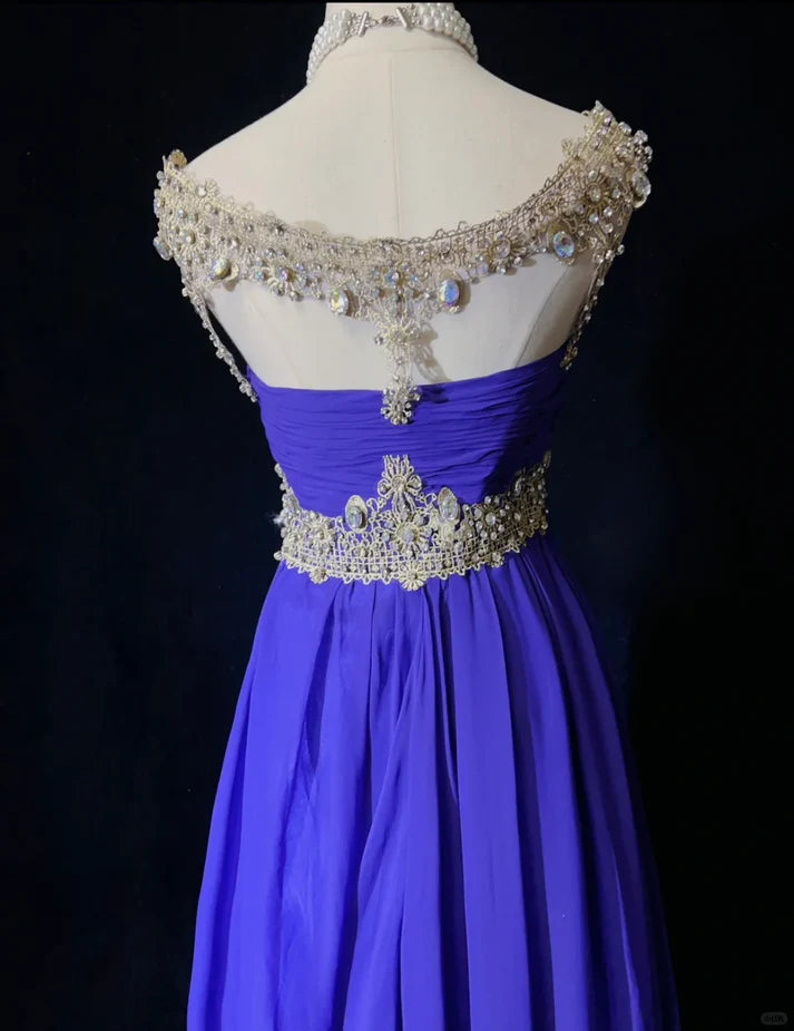A Line Chiffon Royal Blue Long Prom Dress Evening Dress With Rhinestones