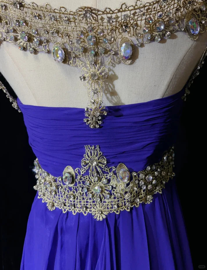A Line Chiffon Royal Blue Long Prom Dress Evening Dress With Rhinestones