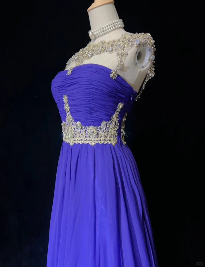 A Line Chiffon Royal Blue Long Prom Dress Evening Dress With Rhinestones