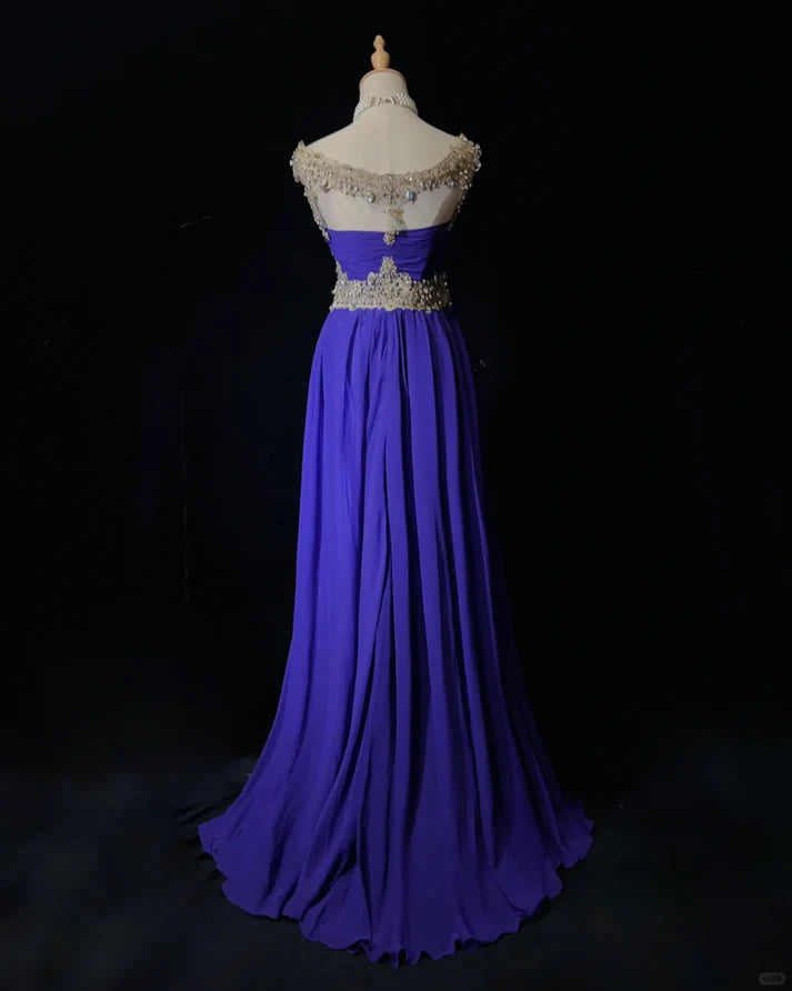 A Line Chiffon Royal Blue Long Prom Dress Evening Dress With Rhinestones