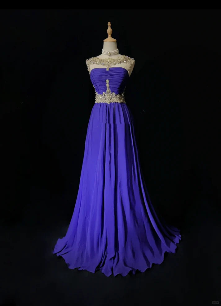 A Line Chiffon Royal Blue Long Prom Dress Evening Dress With Rhinestones