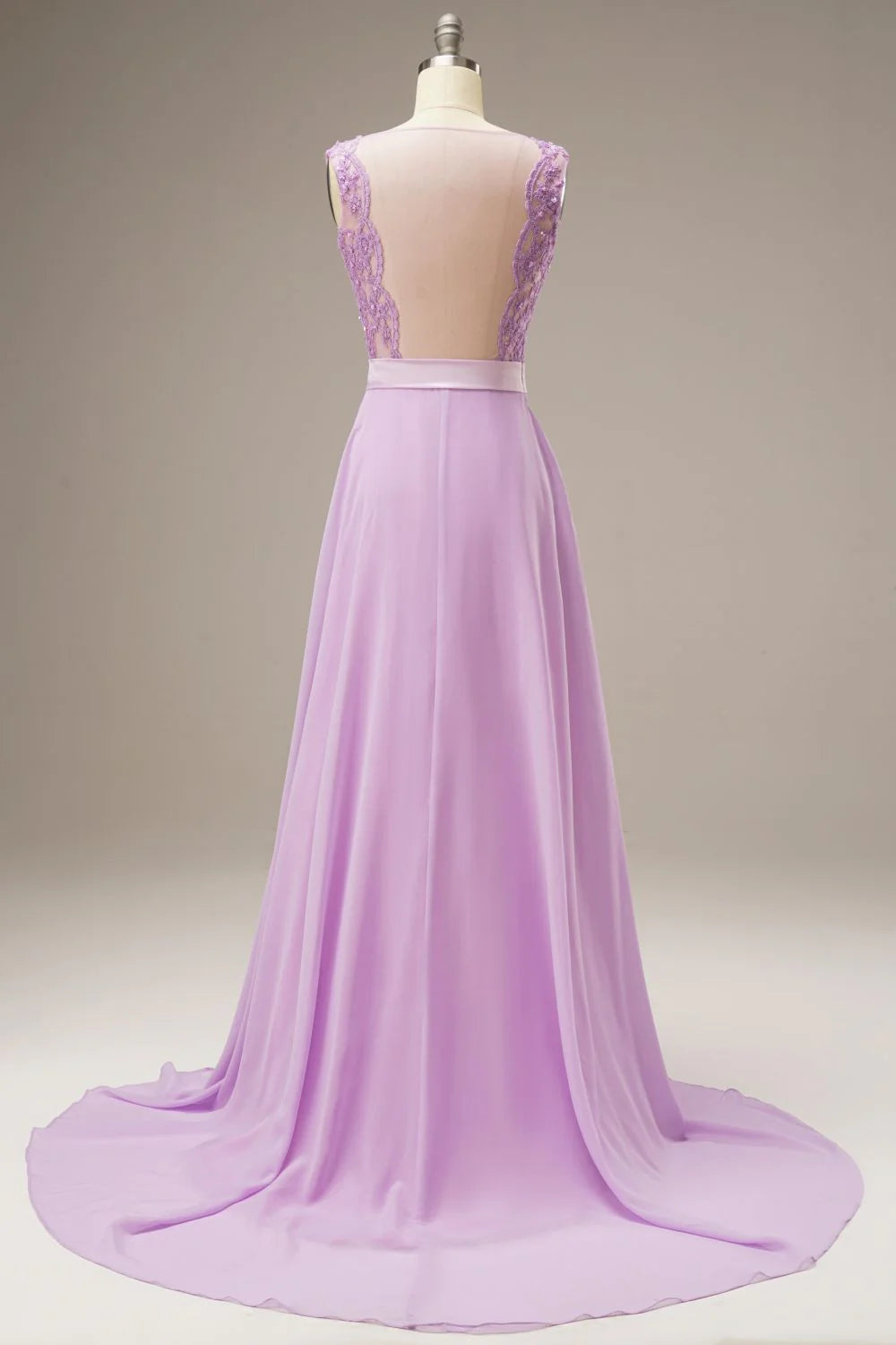A Line Floral Lace Sweep Train Chiffon Lilac Prom Dress Evening Dress