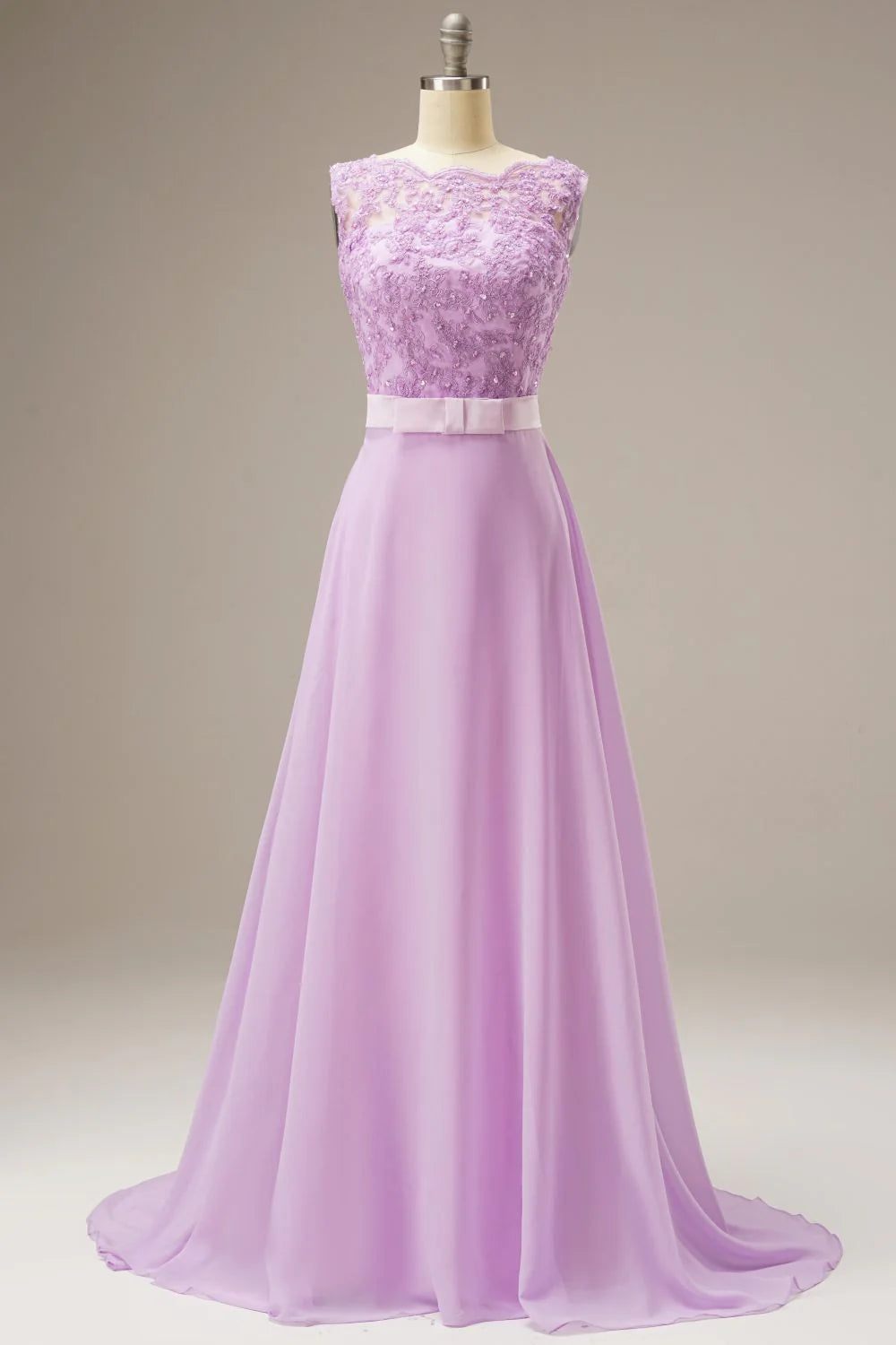 A Line Floral Lace Sweep Train Chiffon Lilac Prom Dress Evening Dress