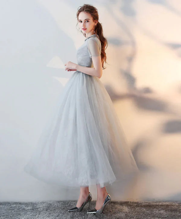 A Line Half High Neck Tulle Lilac Evening Dress Graduation Prom Dress