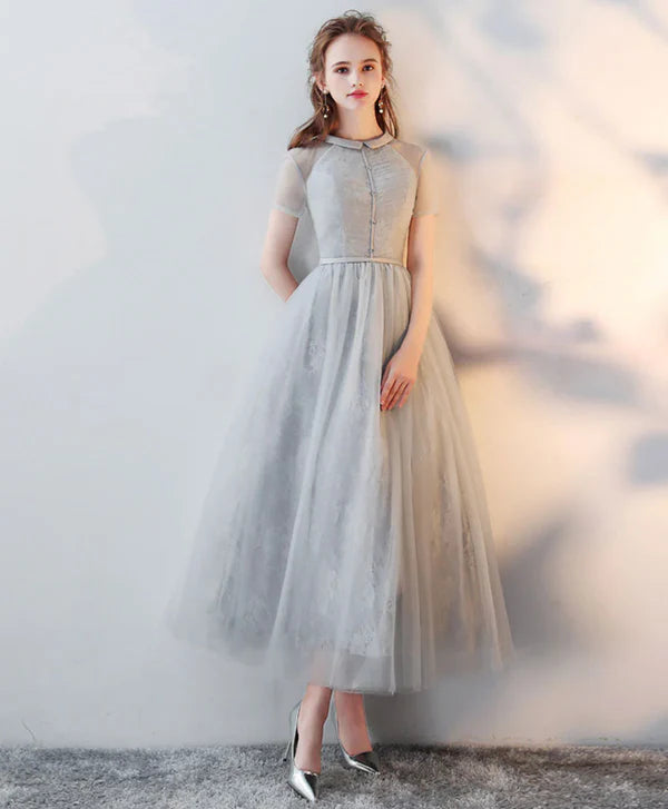 A Line Half High Neck Tulle Lilac Evening Dress Graduation Prom Dress