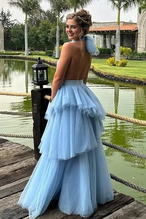 A Line Halter Neck Ruffles Tiered Open Back Tulle Blue Long Prom Dress