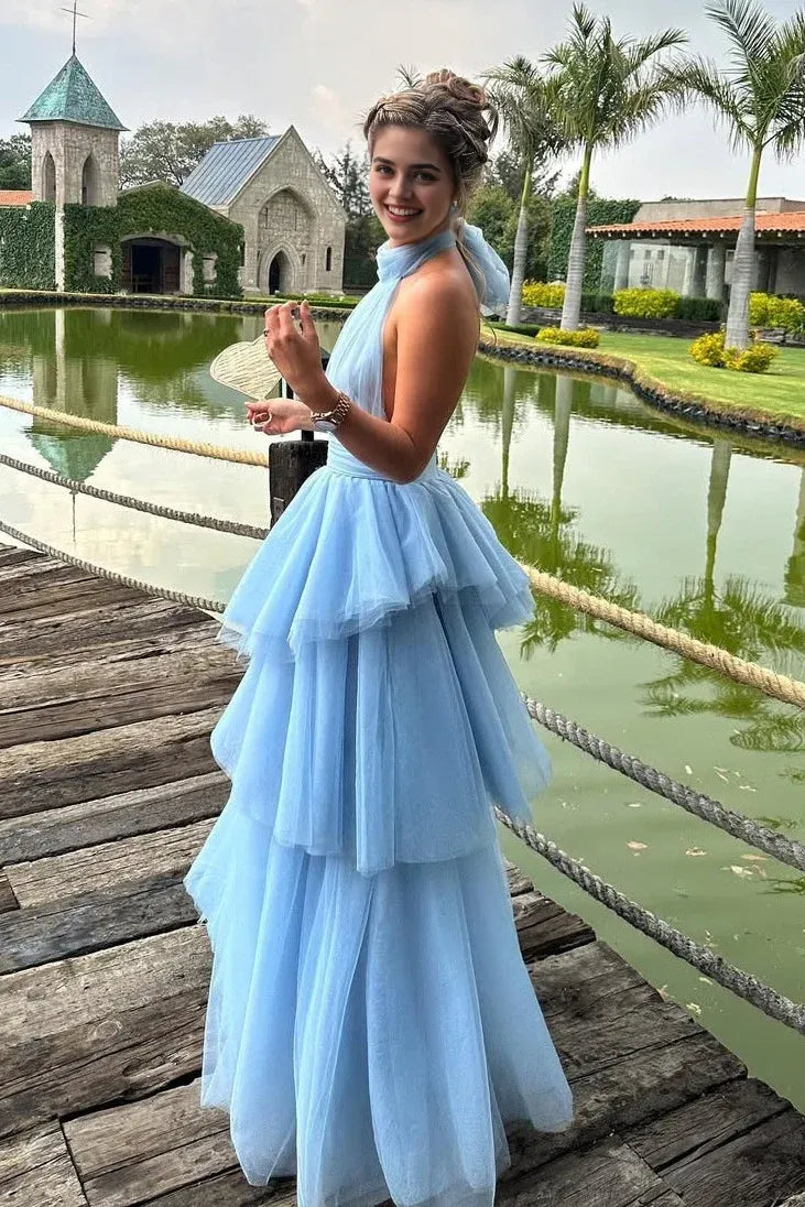 A Line Halter Neck Ruffles Tiered Open Back Tulle Blue Long Prom Dress
