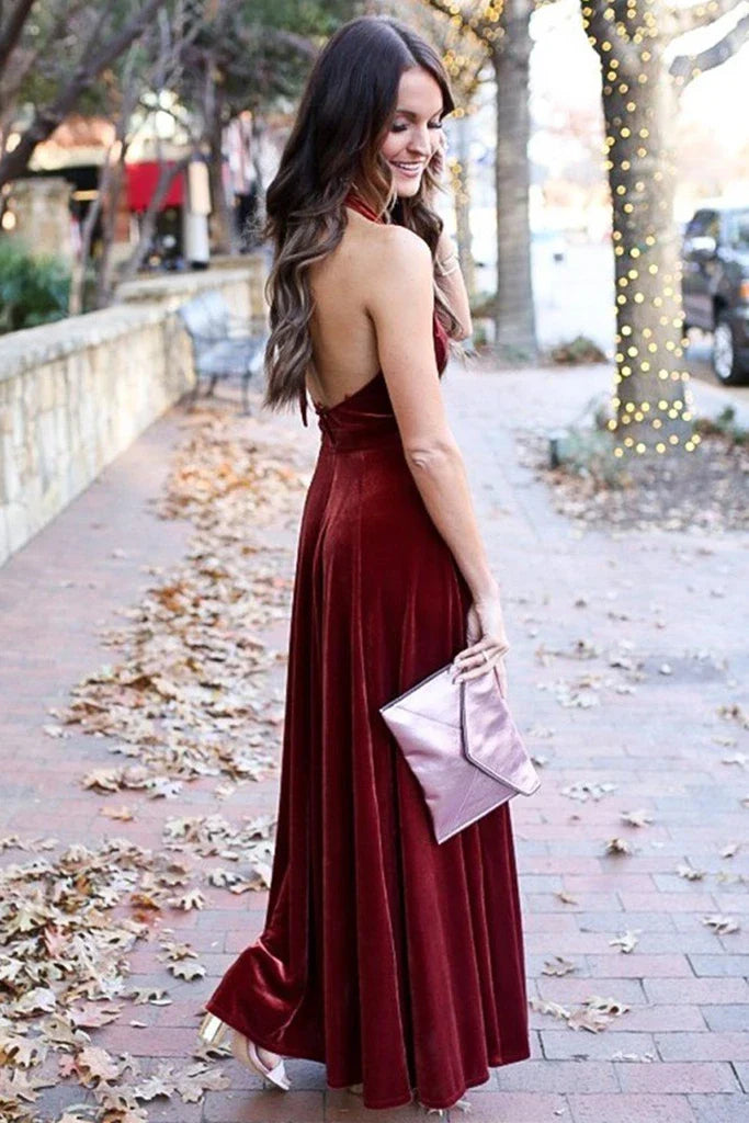 A Line Halter V Neck Backless Velvet Burgundy Ankle Length Prom Dress