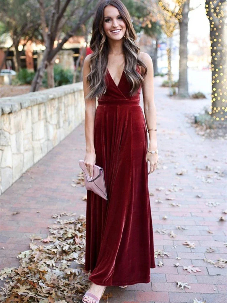 A Line Halter V Neck Backless Velvet Burgundy Ankle Length Prom Dress