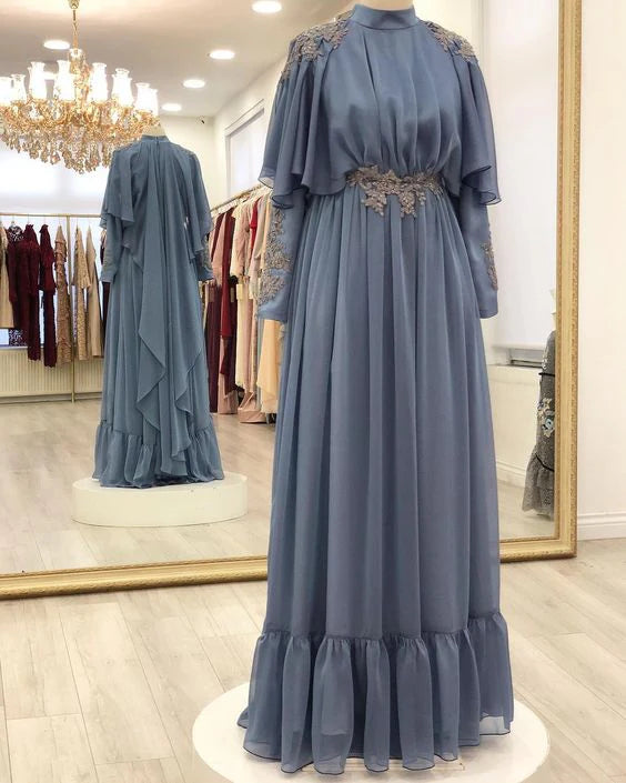A Line High Neck Long Sleeves Applique Long Prom Dress Evening Dress