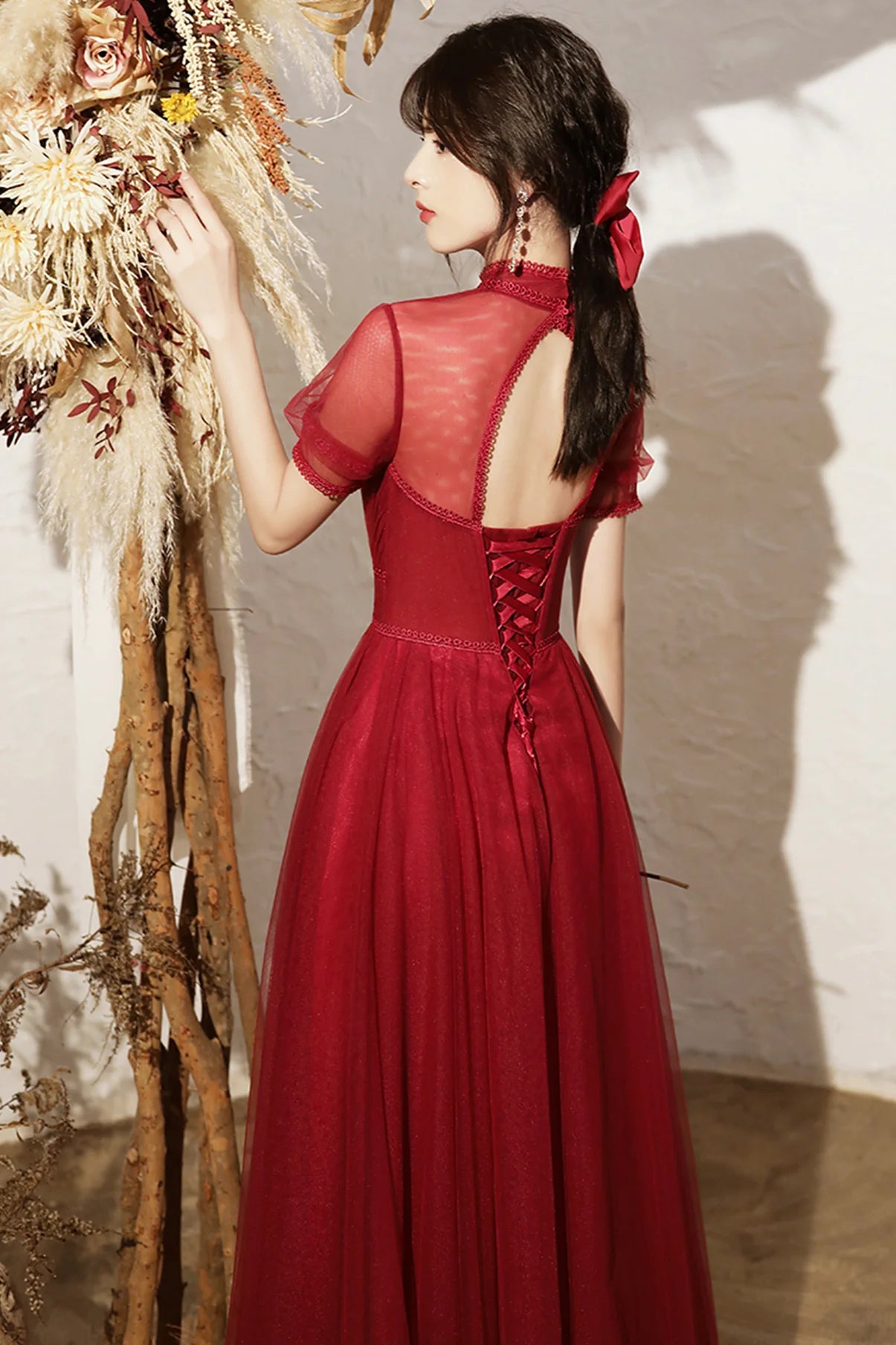 A Line High Neck Short Sleeves Tulle Burgundy Long Prom Dress Evening Dress