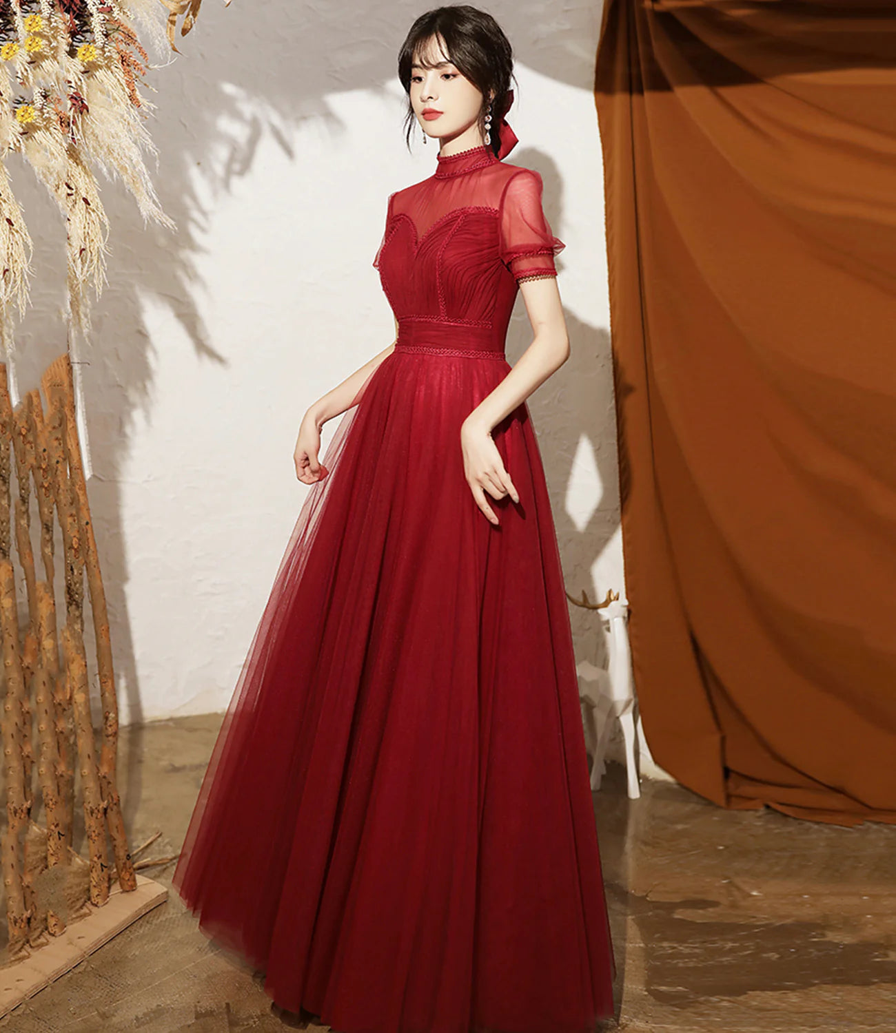 A Line High Neck Short Sleeves Tulle Burgundy Long Prom Dress Evening Dress