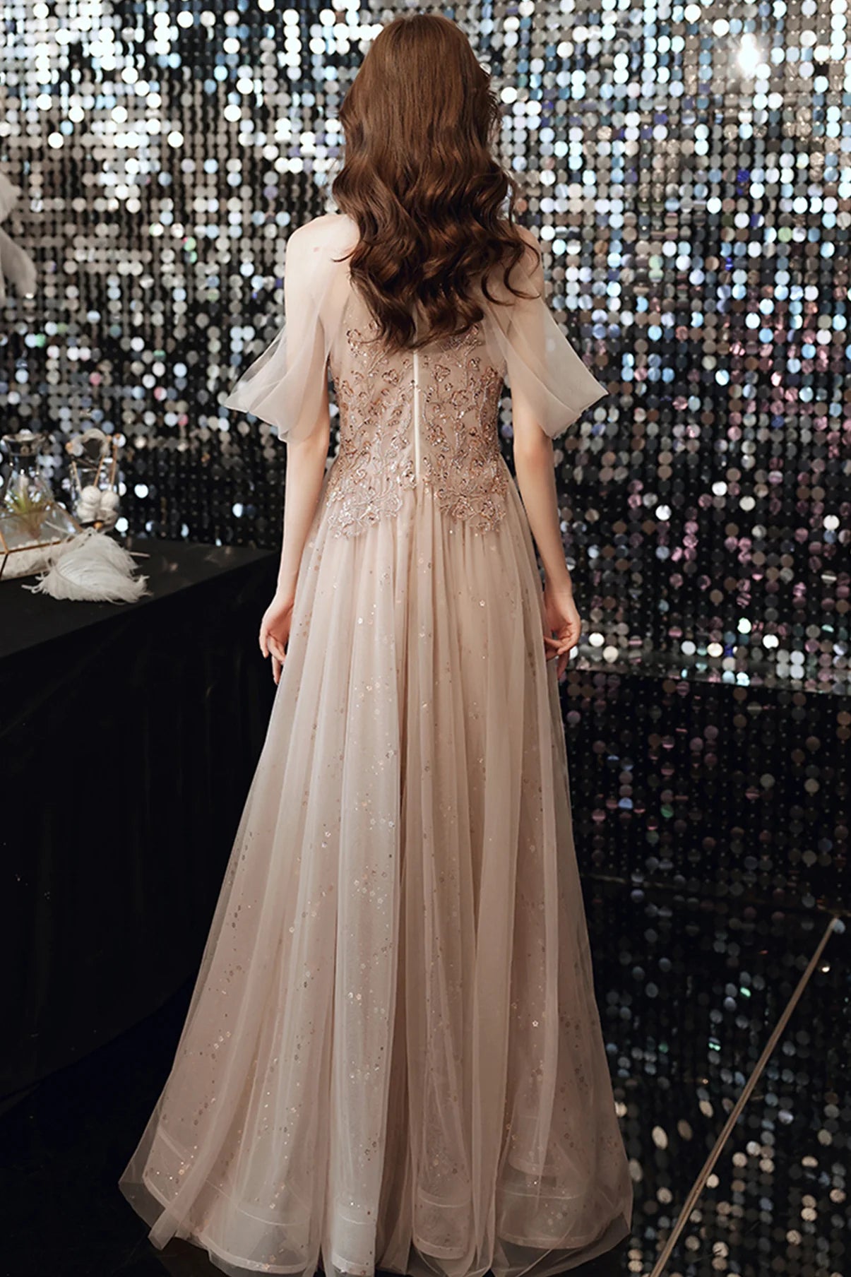 A Line High Neck Sequins Tulle Champagne Long Prom Dress Evening Dress