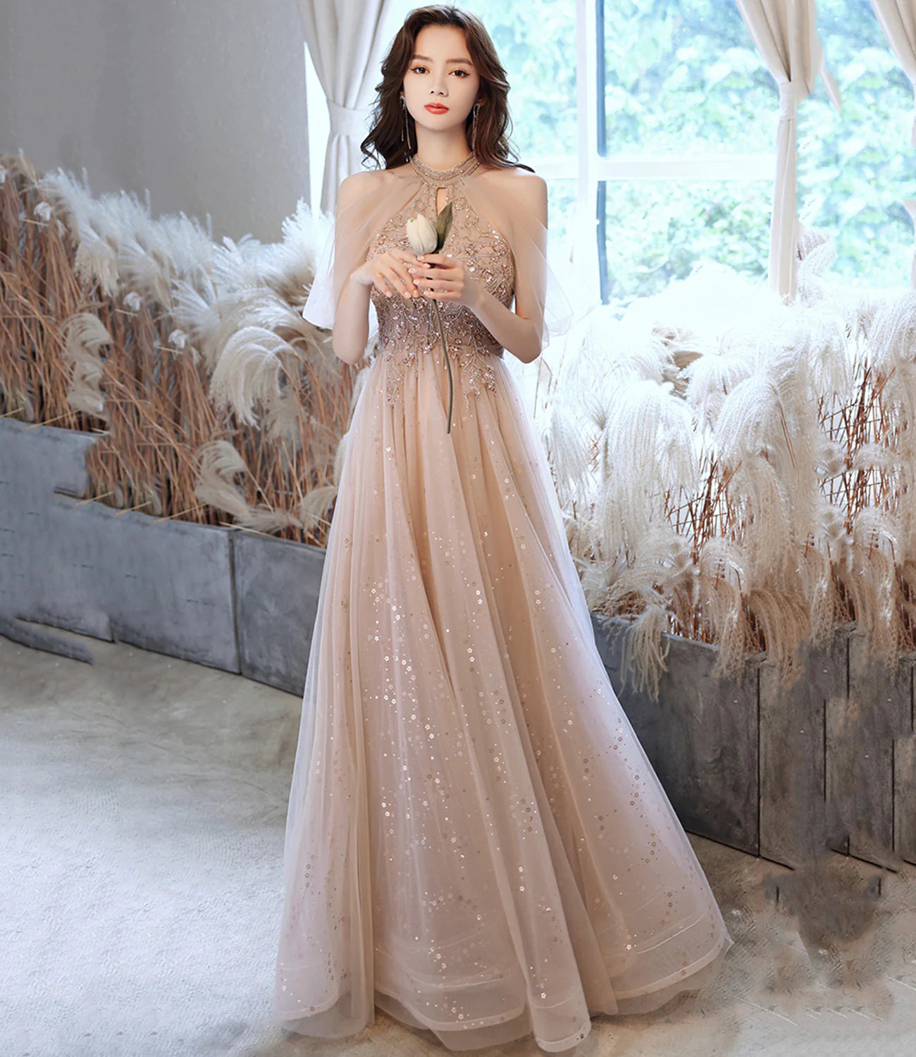 A Line High Neck Sequins Tulle Champagne Long Prom Dress Evening Dress