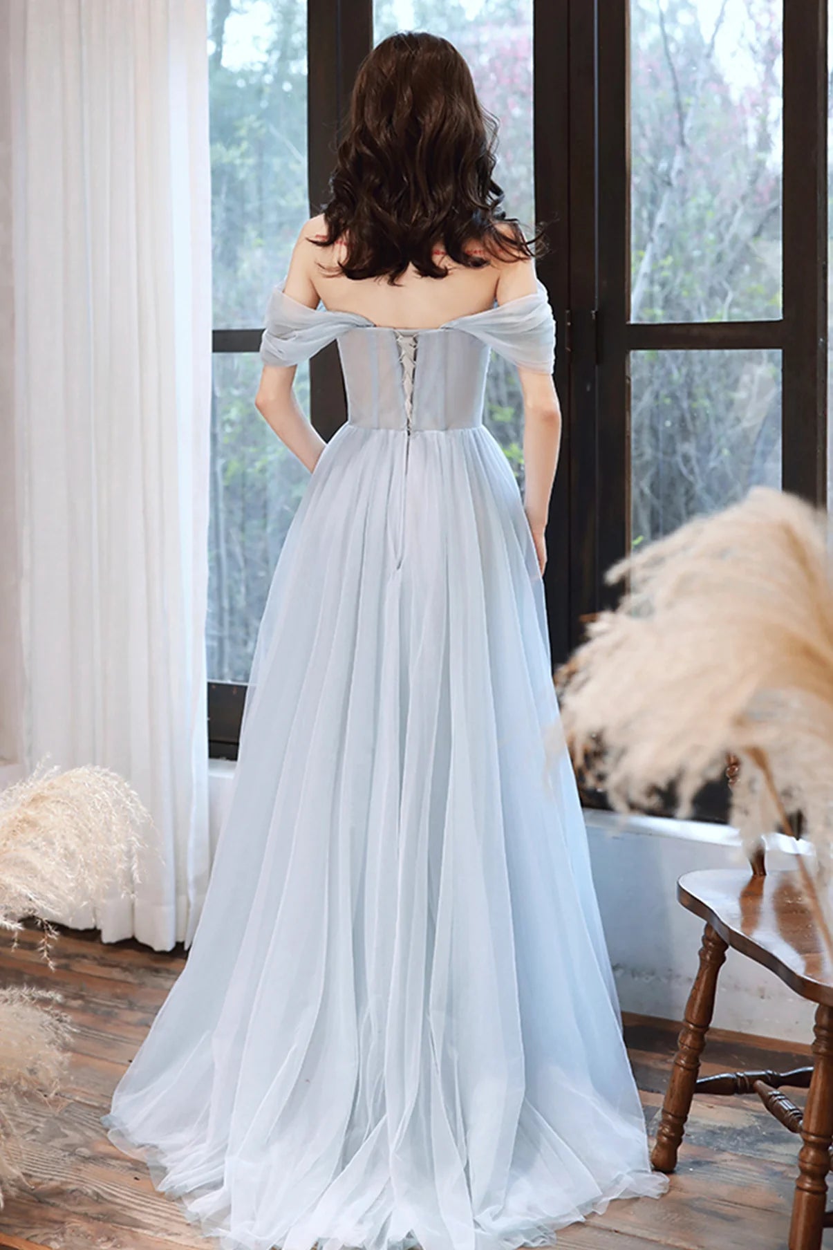 A Line Off-the-Shoulder Applique Lace Tulle Long Prom Dress Evening Dress
