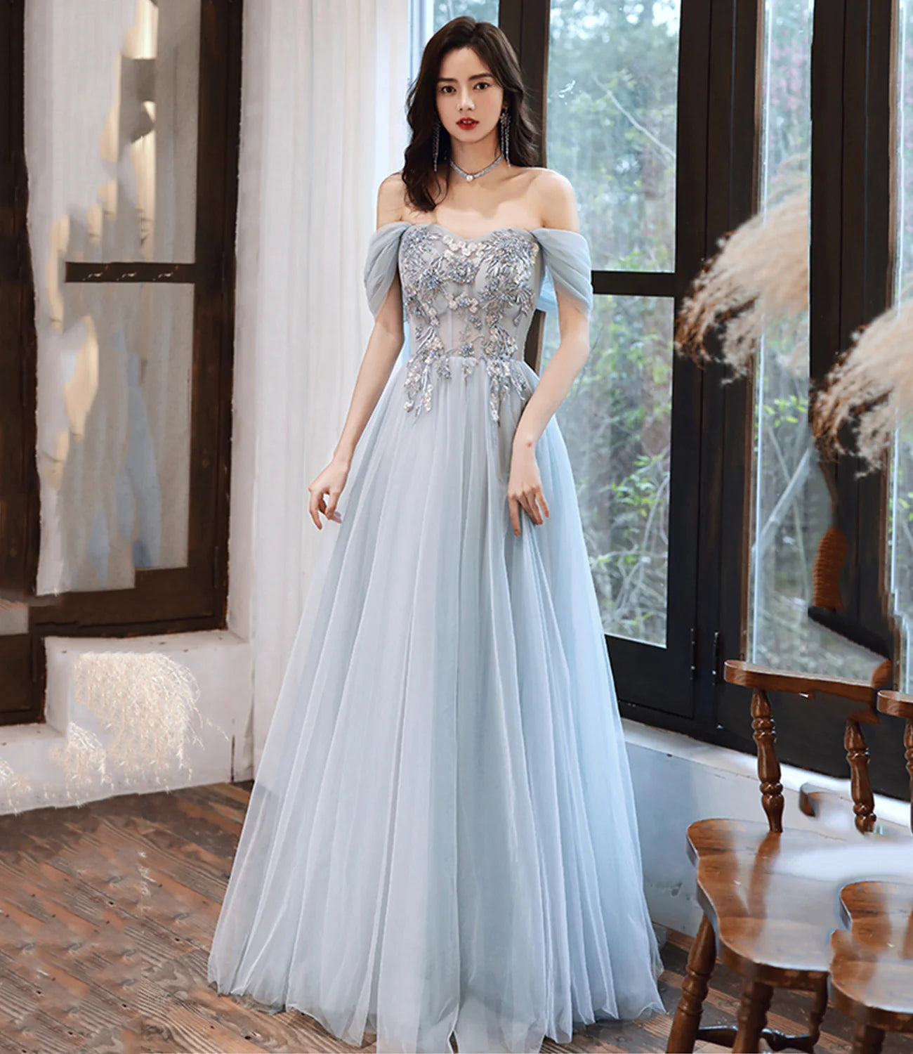 A Line Off-the-Shoulder Applique Lace Tulle Long Prom Dress Evening Dress