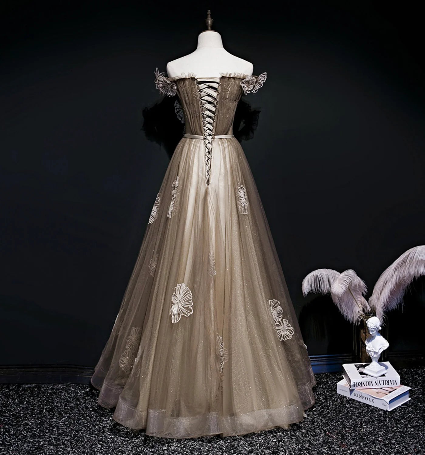 A Line Off-the-Shoulder Applique Tulle Long Prom Dress Evening Dress