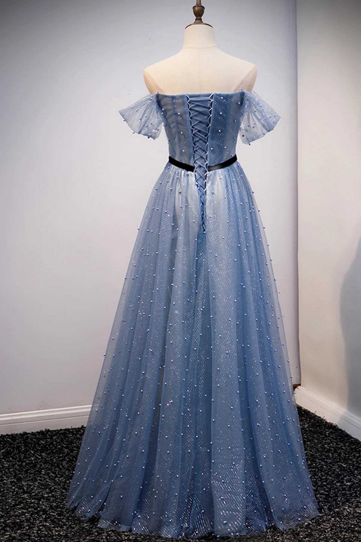 A Line Off-the-Shoulder Beaded Tulle Blue Long Prom Dress Evening Dress