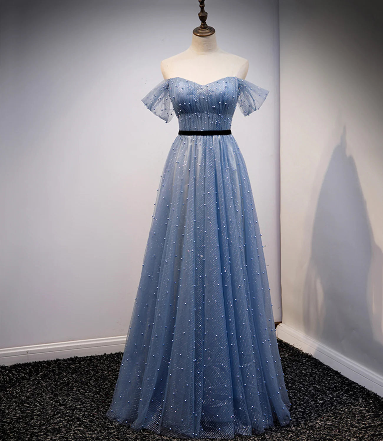 A Line Off-the-Shoulder Beaded Tulle Blue Long Prom Dress Evening Dress