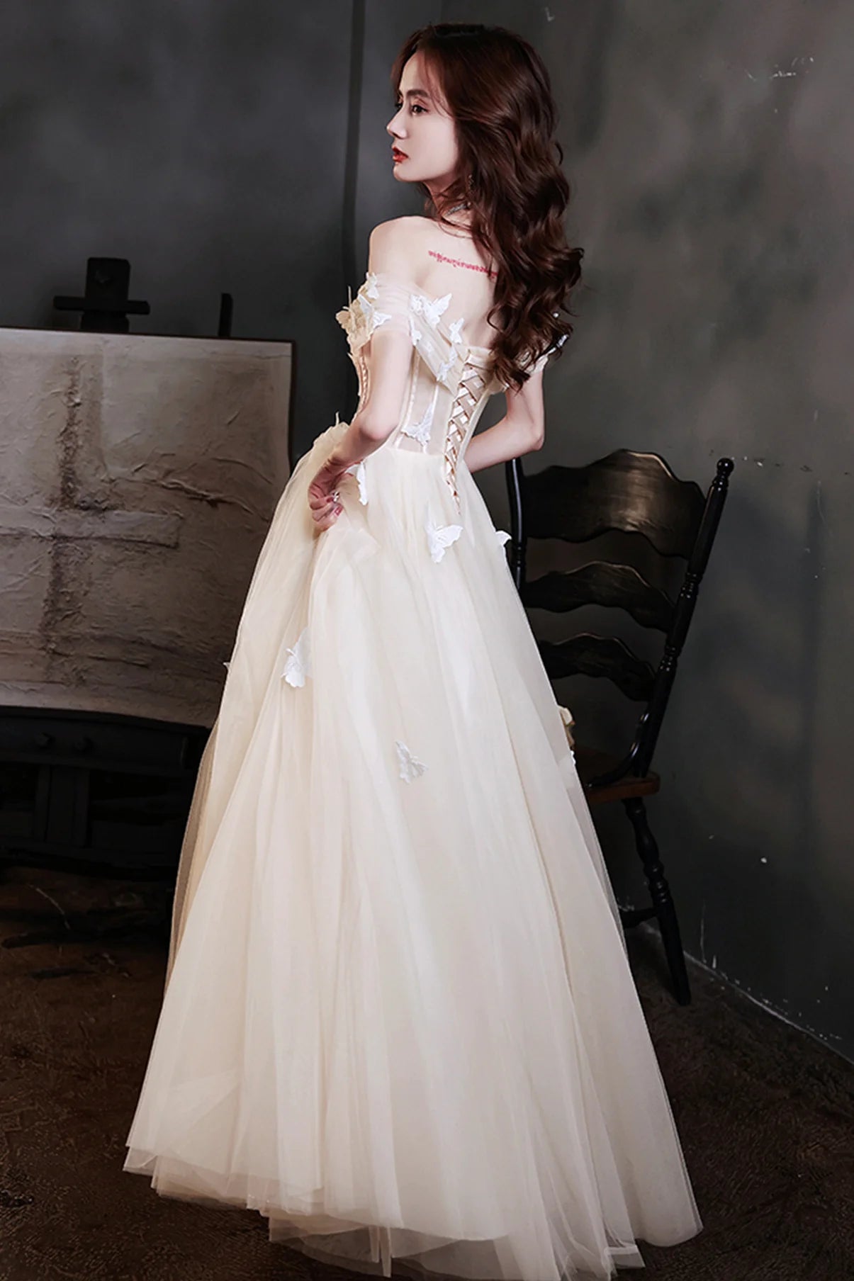 A Line Off-the-Shoulder Butterfly Applique Tulle Champagne Long Prom Dress