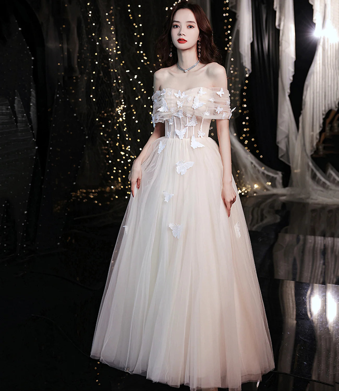 A Line Off-the-Shoulder Butterfly Applique Tulle Champagne Long Prom Dress