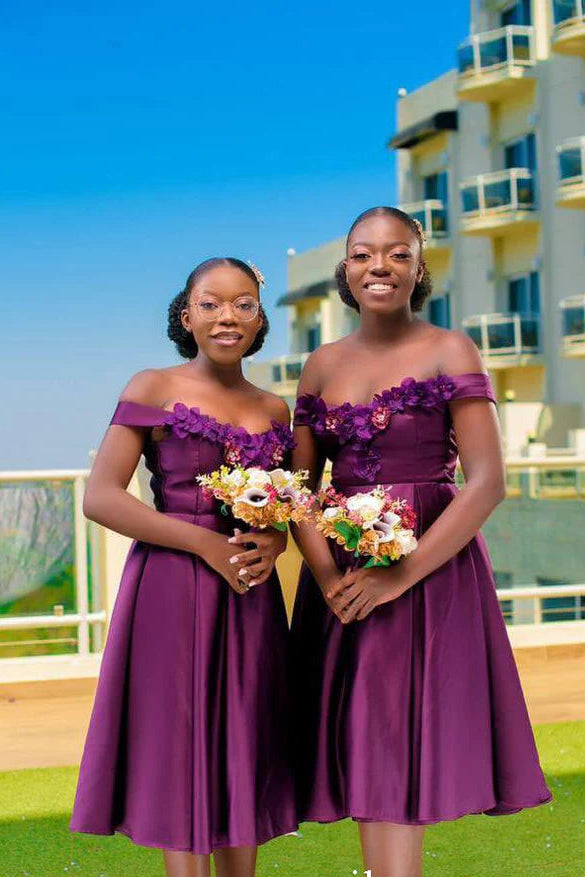 A Line Off-the-Shoulder Flowers Satin Purple Midi Bridesmaid Dresses