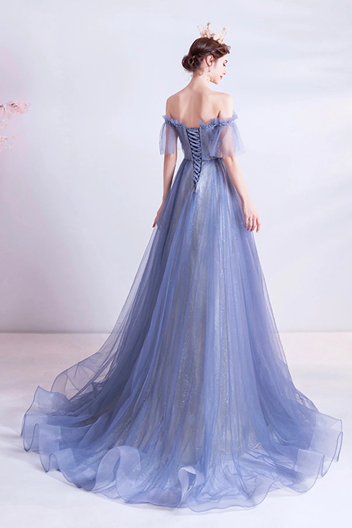 A Line Off-the-Shoulder Lace Tulle Blue Long Prom Dress Evening Dress
