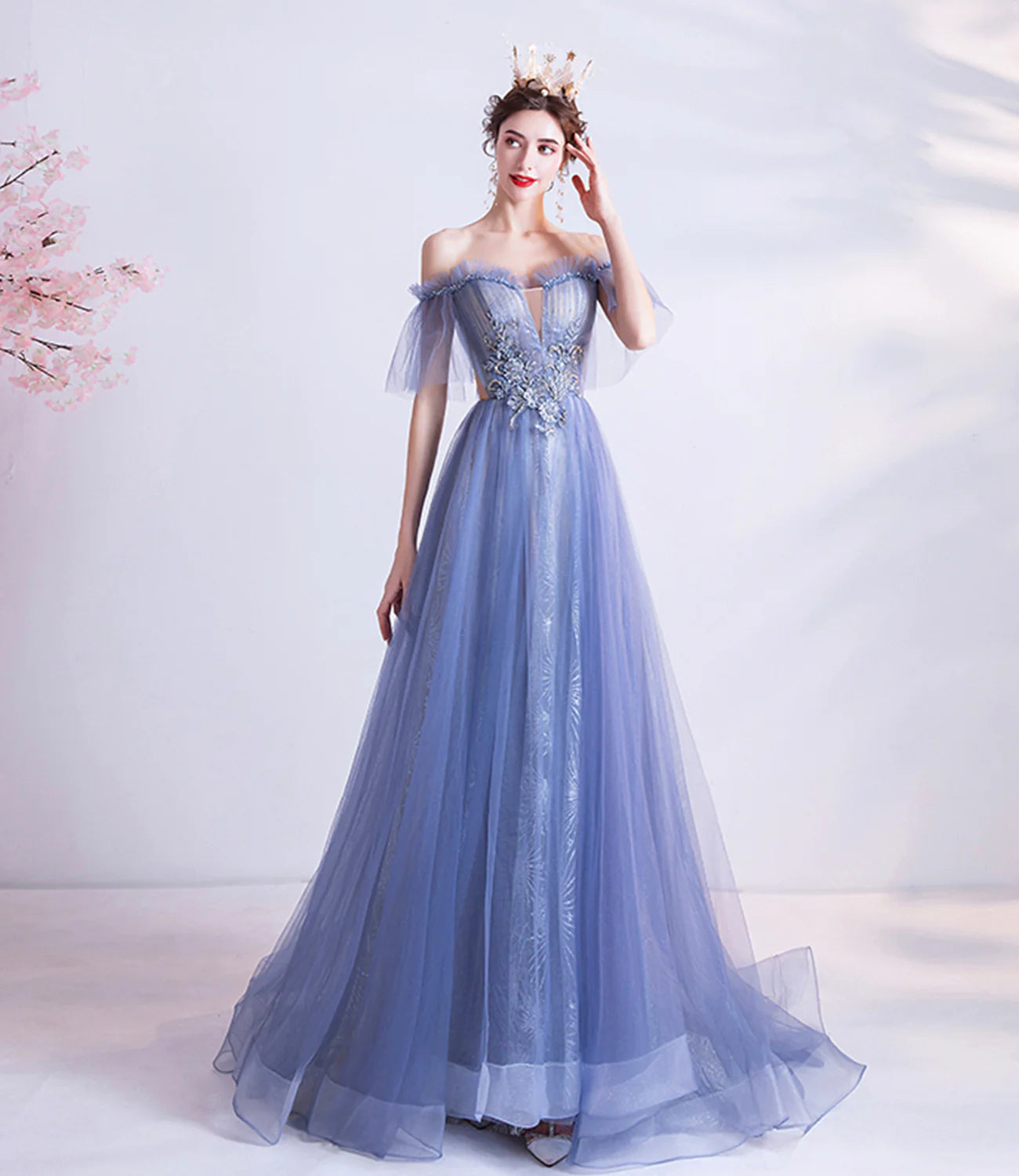 A Line Off-the-Shoulder Lace Tulle Blue Long Prom Dress Evening Dress