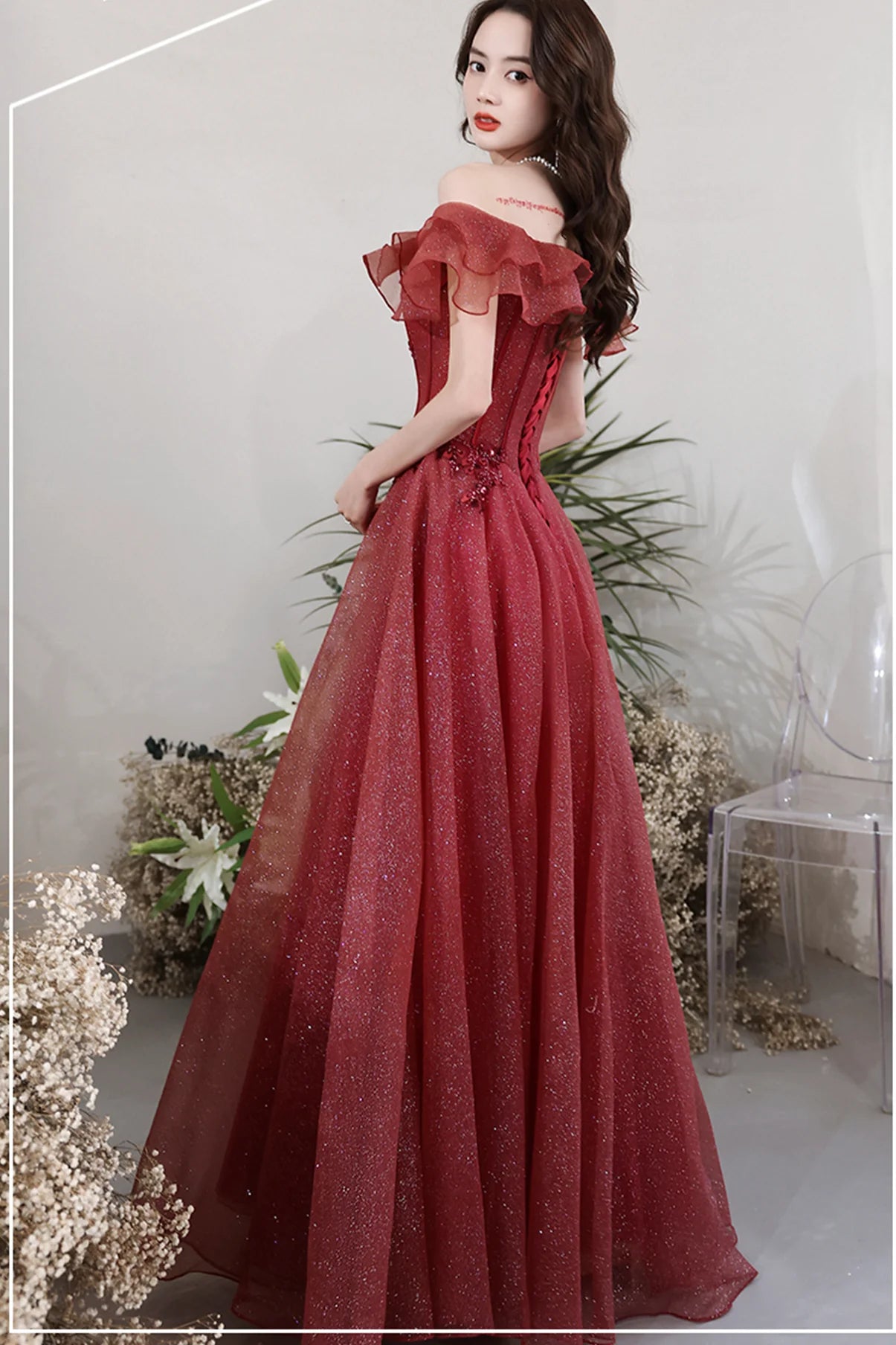 A Line Off-the-Shoulder Sequins Applique Tulle Burgundy Long Prom Dress