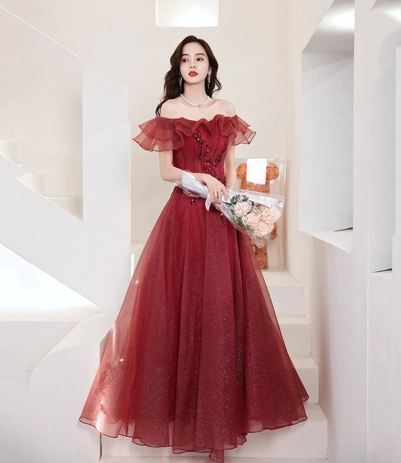 A Line Off-the-Shoulder Sequins Applique Tulle Burgundy Long Prom Dress