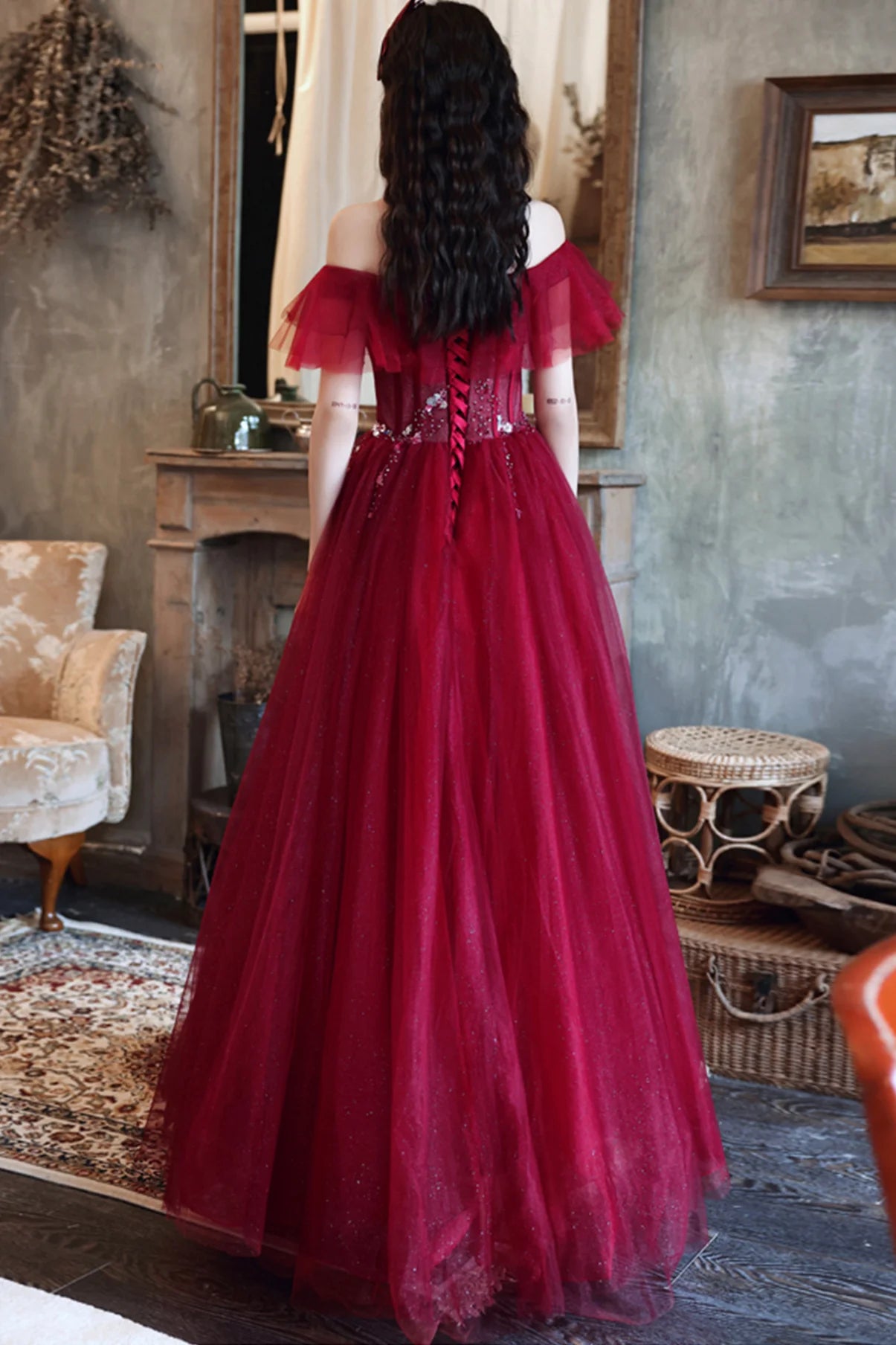 A Line Off-the-Shoulder Sequins Beaded Tulle Burgundy Long Prom Dress
