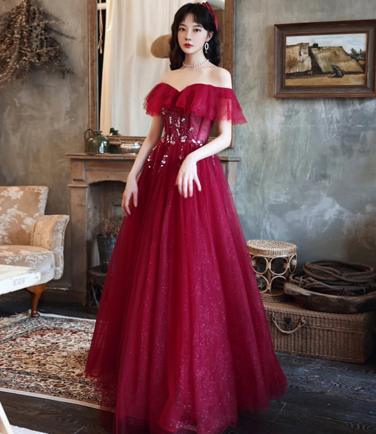 A Line Off-the-Shoulder Sequins Beaded Tulle Burgundy Long Prom Dress