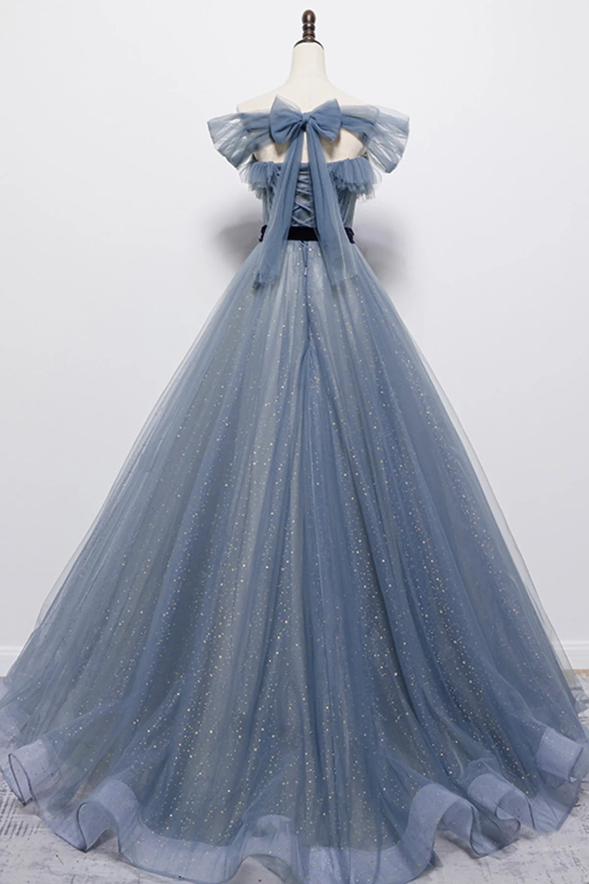 A Line Off-the-Shoulder Tulle Blue Long Prom Dress Evening Dress