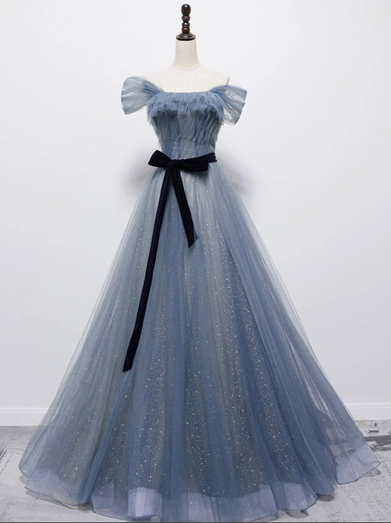 A Line Off-the-Shoulder Tulle Blue Long Prom Dress Evening Dress